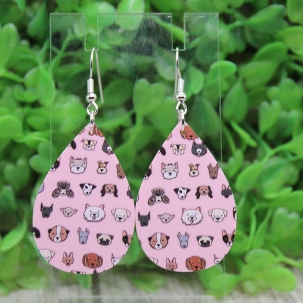 Pink Teardrop Dog Print Earrings